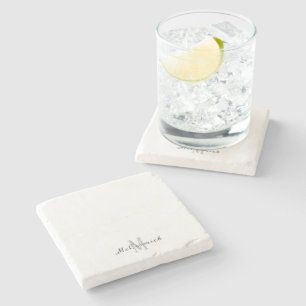 Modern Chic White Grey Script Monogram Stone Coaster