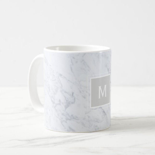 Modern Chic White Marble Custom Monogram Coffee Mug (Front Left)