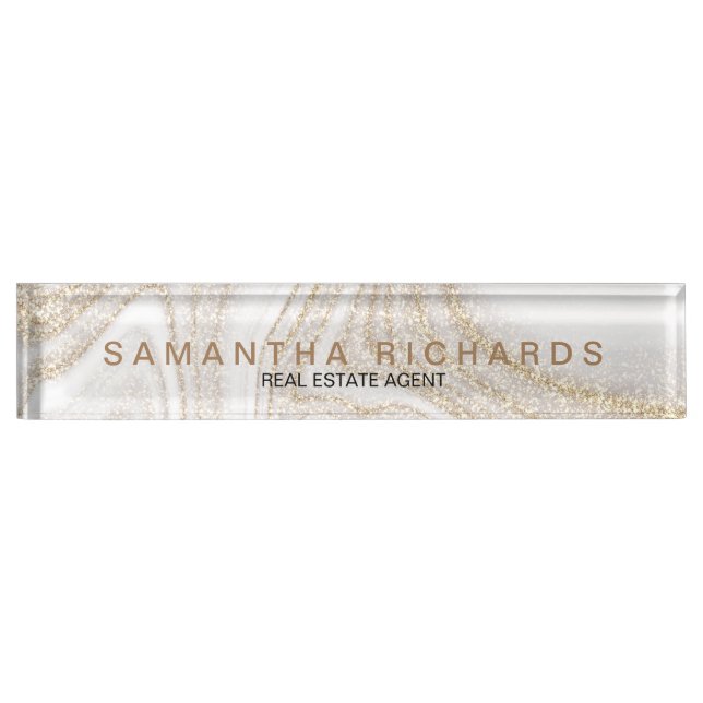 Modern chic white marble gold glitter desk name plate (Front)
