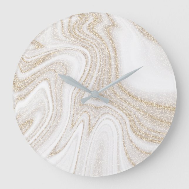 Modern chic white marble gold glitter large clock (Front)