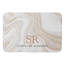 Modern chic white marble gold glitter monogram bath mat