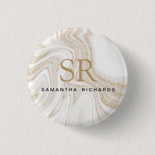 Modern chic white marble gold glitter monogram button (Front)