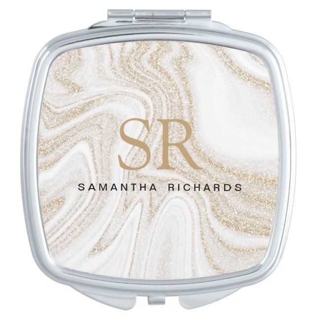 Modern chic white marble gold glitter monogram compact mirror (Front)