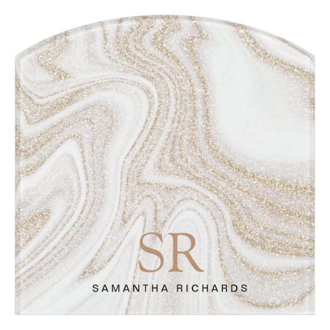Modern chic white marble gold glitter monogram door sign (Contour Front)