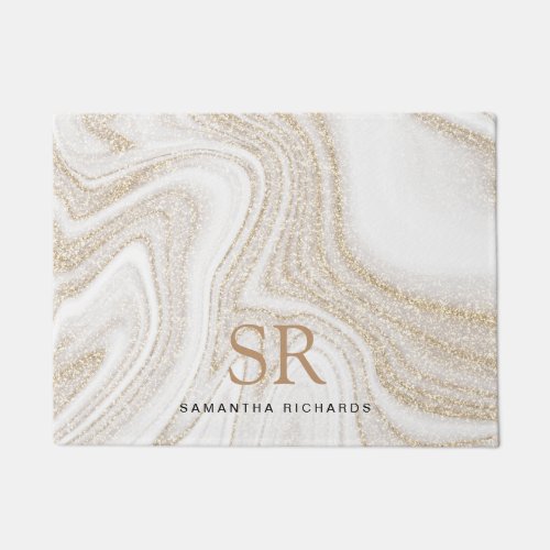 Modern chic white marble gold glitter monogram doormat