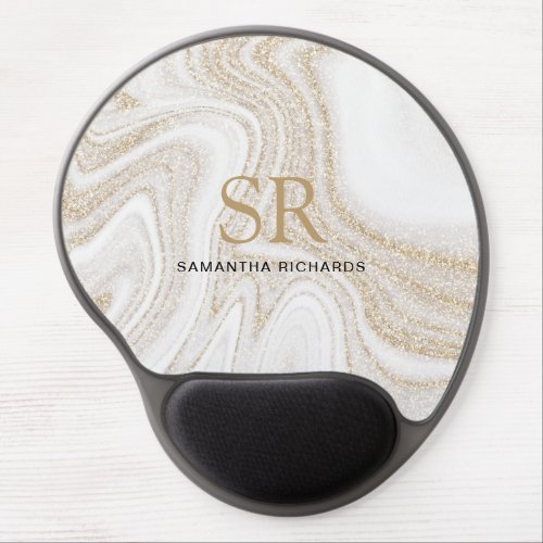 Modern chic white marble gold glitter monogram gel mouse pad