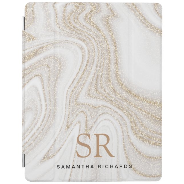 Modern chic white marble gold glitter monogram iPad smart cover (Front)