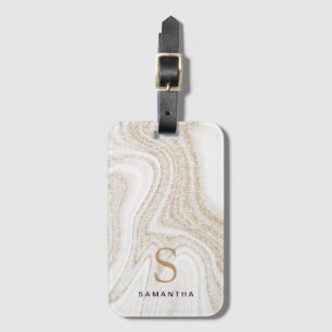 Modern chic white marble gold glitter monogram luggage tag