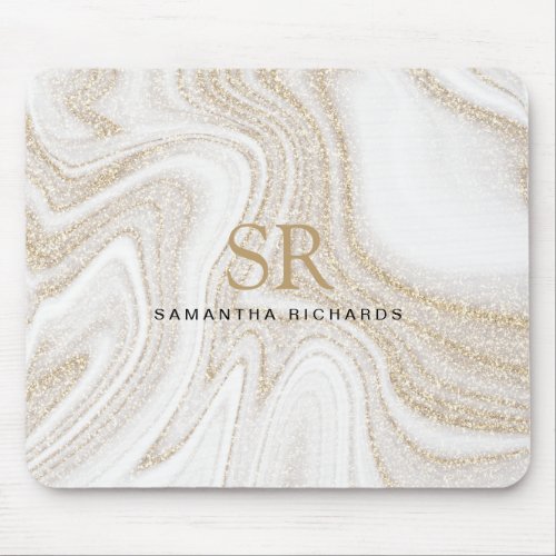 Modern chic white marble gold glitter monogram mouse pad