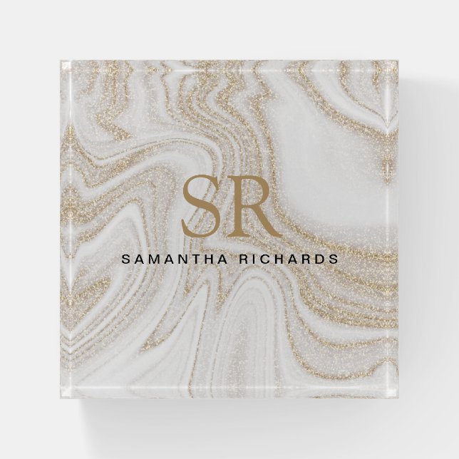 Modern chic white marble gold glitter monogram paperweight (Front)