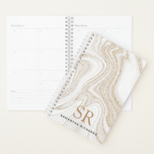 Modern chic white marble gold glitter monogram planner
