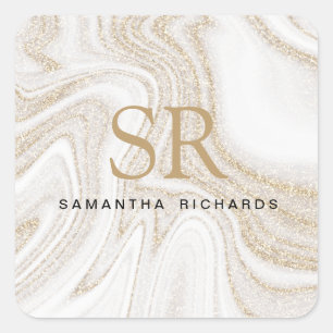 Modern chic white marble gold glitter monogram square sticker