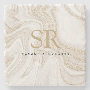 Modern chic white marble gold glitter monogram stone coaster