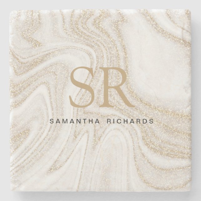 Modern chic white marble gold glitter monogram stone coaster (Front)