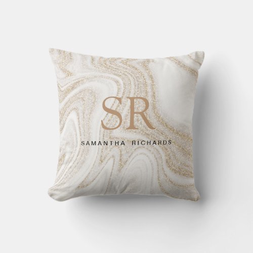 Modern chic white marble gold glitter monogram throw pillow