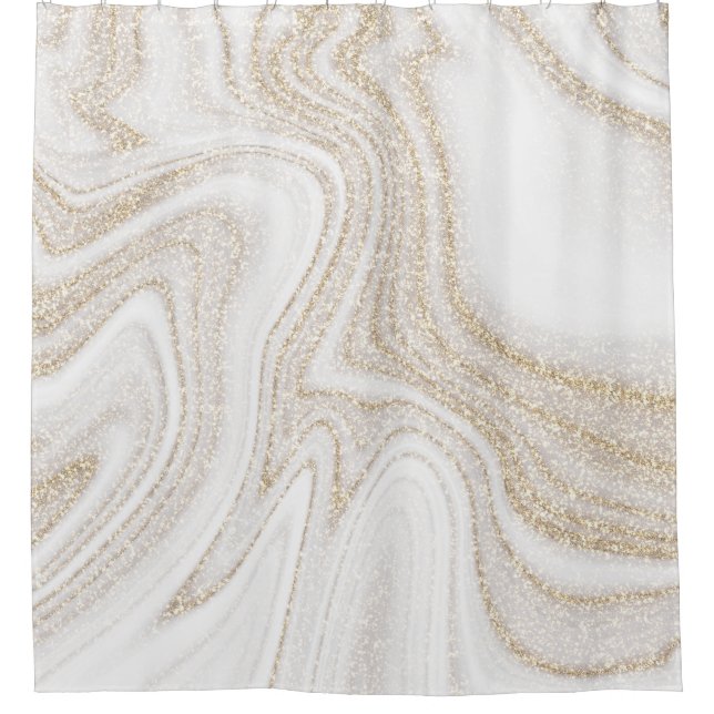 Modern chic white marble gold glitter shower curtain (Front)