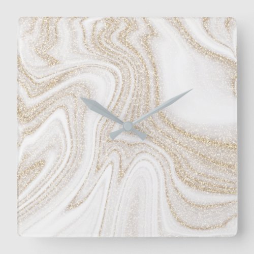 Modern chic white marble gold glitter square wall clock
