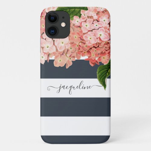 MODERN Chic Wide Stripes Vintage Hydrangea Floral iPhone 11 Case