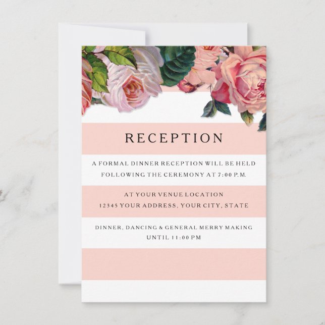 MODERN Chic Wide Stripes w Roses, Reception Invite (Front)