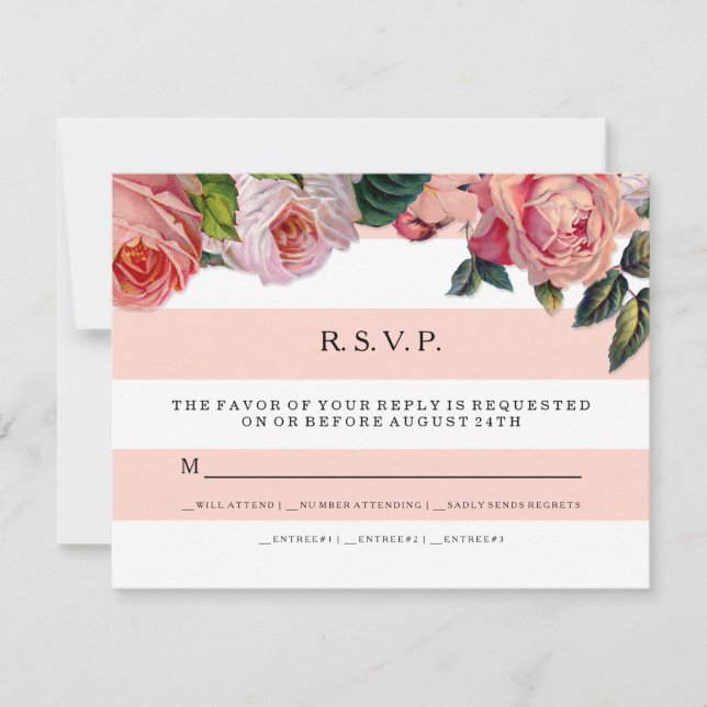 MODERN Chic Wide Stripes w Roses, Wedding RSVP (Front)