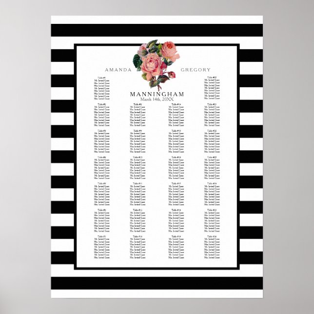 MODERN Chic Wide Stripes w Roses Wedding Seating Poster (Front)