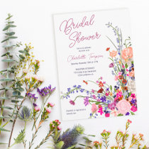 Modern chic wild flowers script bridal shower invitation