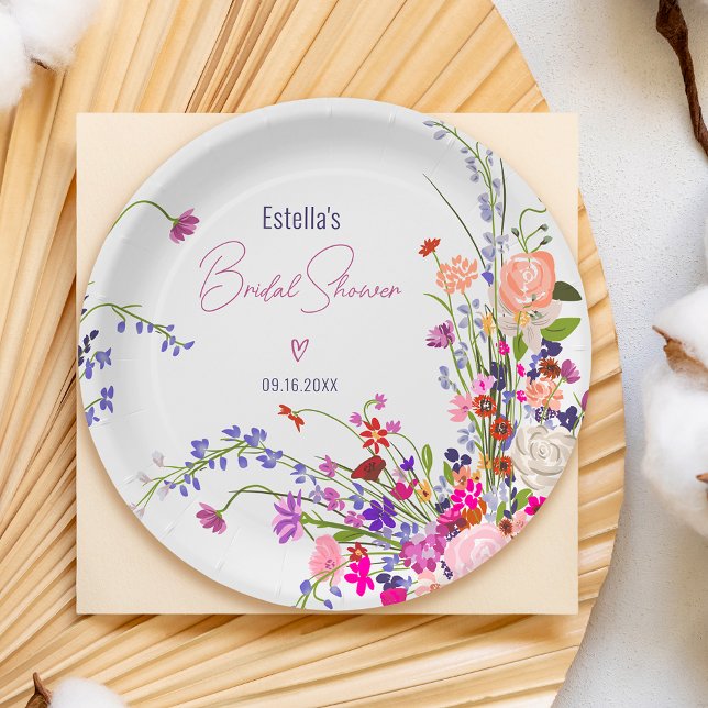 Modern chic wild flowers script bridal shower paper plates (Modern chic wild flowers script bridal shower paper plates)