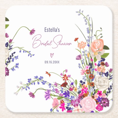 Modern chic wild flowers script bridal shower square paper coaster