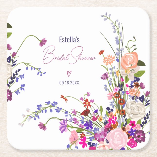 Modern chic wild flowers script bridal shower square paper coaster (Front)