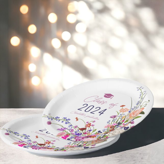 Modern chic wild flowers script class graduation  paper plates (Modern chic wild flowers script class graduation paper plates)