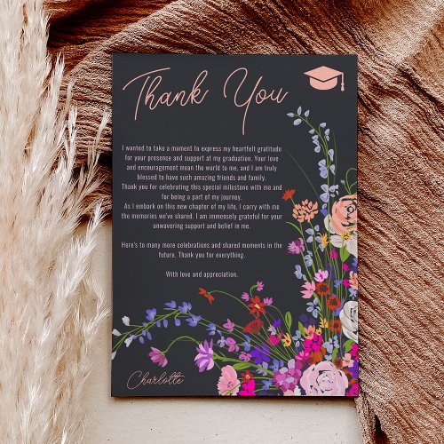 Modern chic wild flowers script dark graduation  thank you card