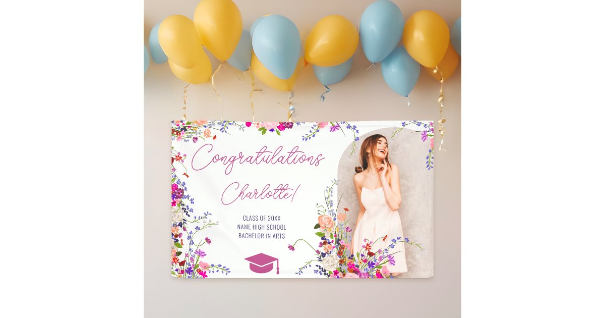 Modern chic wild flowers script photo graduation  banner