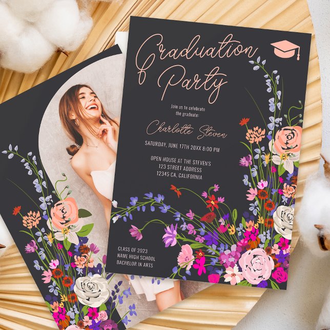 Modern chic wild flowers script photo graduation invitation (Creator Uploaded)