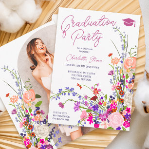 Modern chic wild flowers script photo graduation  invitation