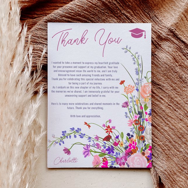 Modern chic wild flowers script pretty graduation  thank you card (Modern wild flowers script photo dark graduation announcement)