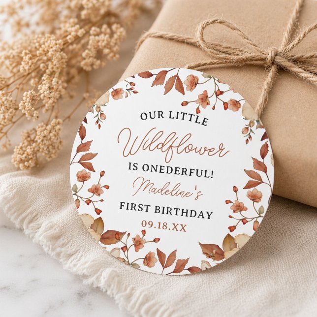 Modern Chic Wildflower Script 1st Birthday Girl  Classic Round Sticker (Modern Chic Wildflower Script 1st Birthday Girl Classic Round Sticker)