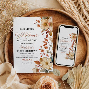 Modern Chic Wildflower Script 1st Birthday Girl Invitation