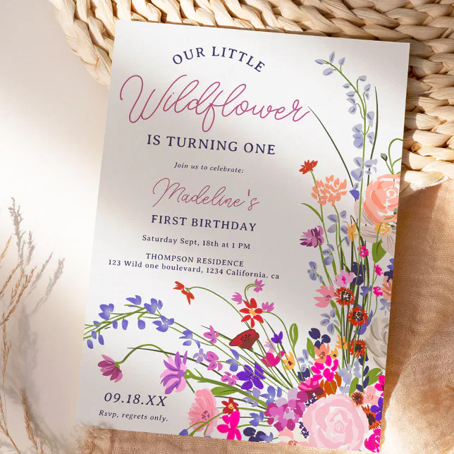 Modern chic wildflower script 1st birthday invitation | Zazzle