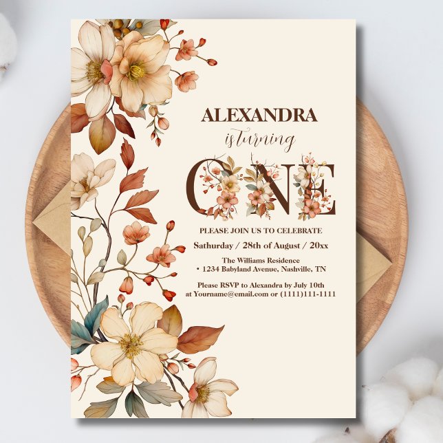 Modern chic wildflower script 1st birthday invitation (Creator Uploaded)