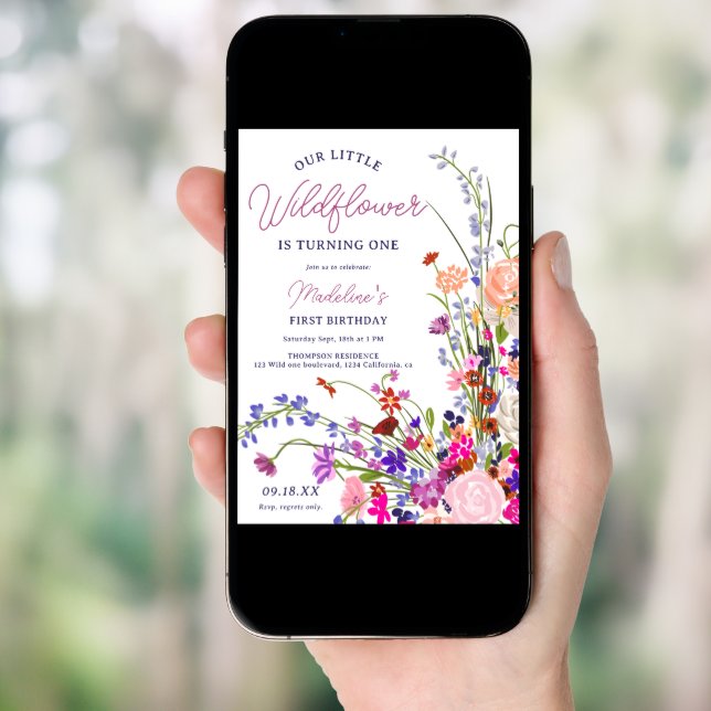 Modern chic wildflower script 1st birthday invitation (Front Digital)
