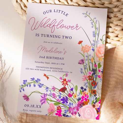 Modern chic wildflower script 2nd birthday invitation