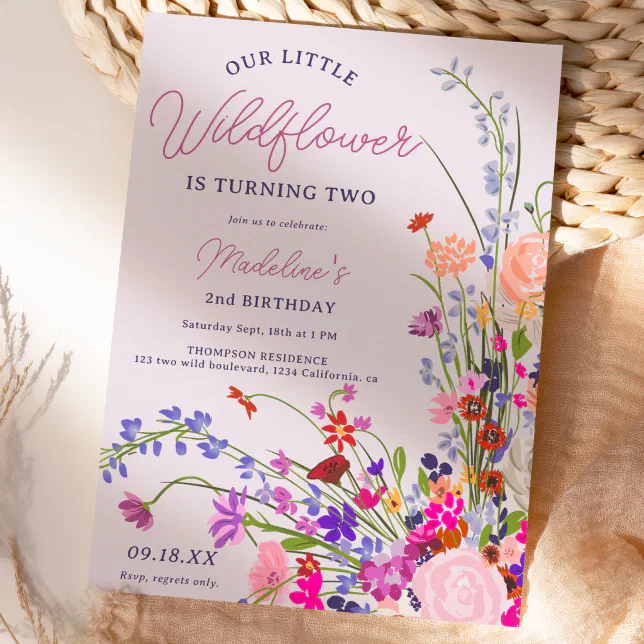 Modern chic wildflower script 2nd birthday invitation | Zazzle