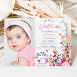 Modern chic wildflower script photo 1st birthday invitation<br><div class="desc">Our little wildflower is turning 1! Elegant modern spring summer flowers illustration with pretty wild flower and brush script  first birthday party photo invitation with a modern calligraphy typography with red,  purple,  pink ,  terracotta flowers.</div>