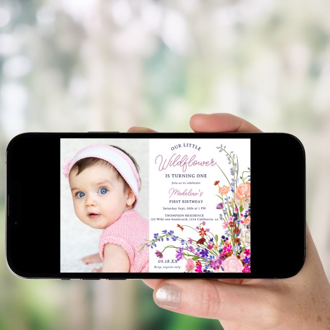 Modern chic wildflower script photo 1st birthday invitation (Front Digital)