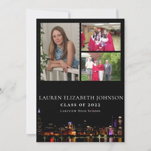 Modern Chicago Skyline 3 Photo Collage Graduation Announcement