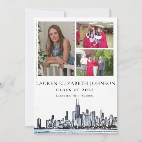 Modern Chicago Skyline 3 Photo Collage Graduation  Announcement