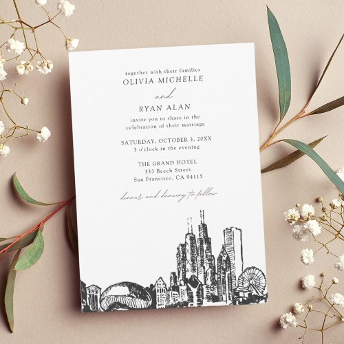 Modern Chicago Wedding Skyline Black  White Invitation