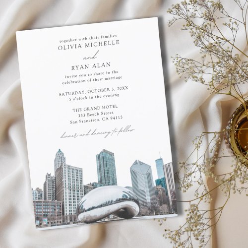 Modern Chicago Wedding Skyline Black  White Invitation