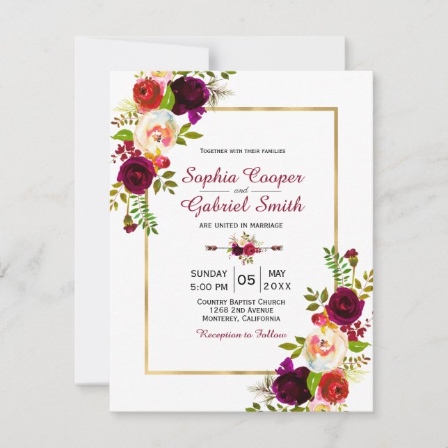 Modern Chich Burgundy Floral Gold Frame Wedding Invitation (Front)