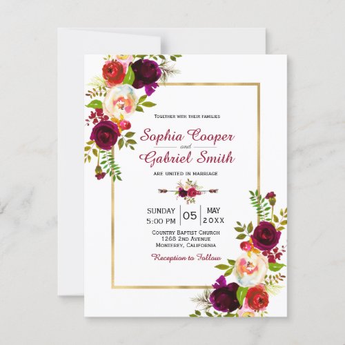 Modern Chich Burgundy Floral Gold Frame Wedding Invitation